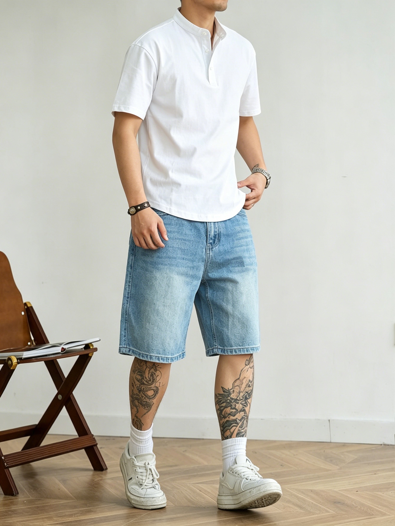 ルーズカットのブルーのノンストレッチデニムショートパンツ、男 - Korean Daily Lifestyle のレビューと価格